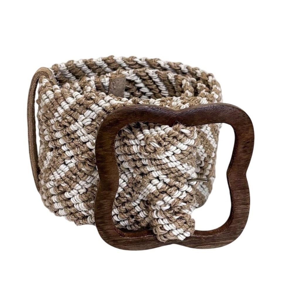 Boho‎ Chevron Macrame Woven Belt Tan White Wood Buckle Wide Statement One Size